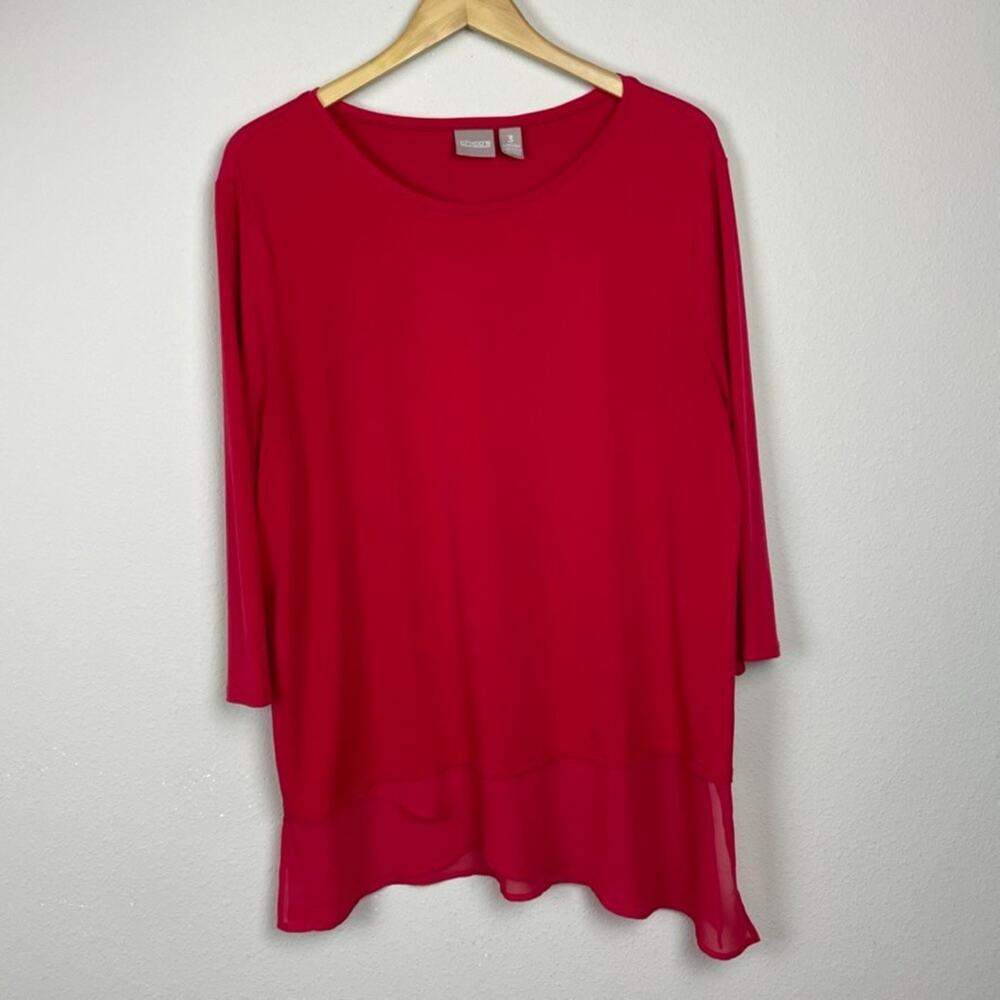 Chico’s Red Tunic Top Size XL (3) Jersey Knit 3/4 Sleeve Chiffon Hem Mixed Media
